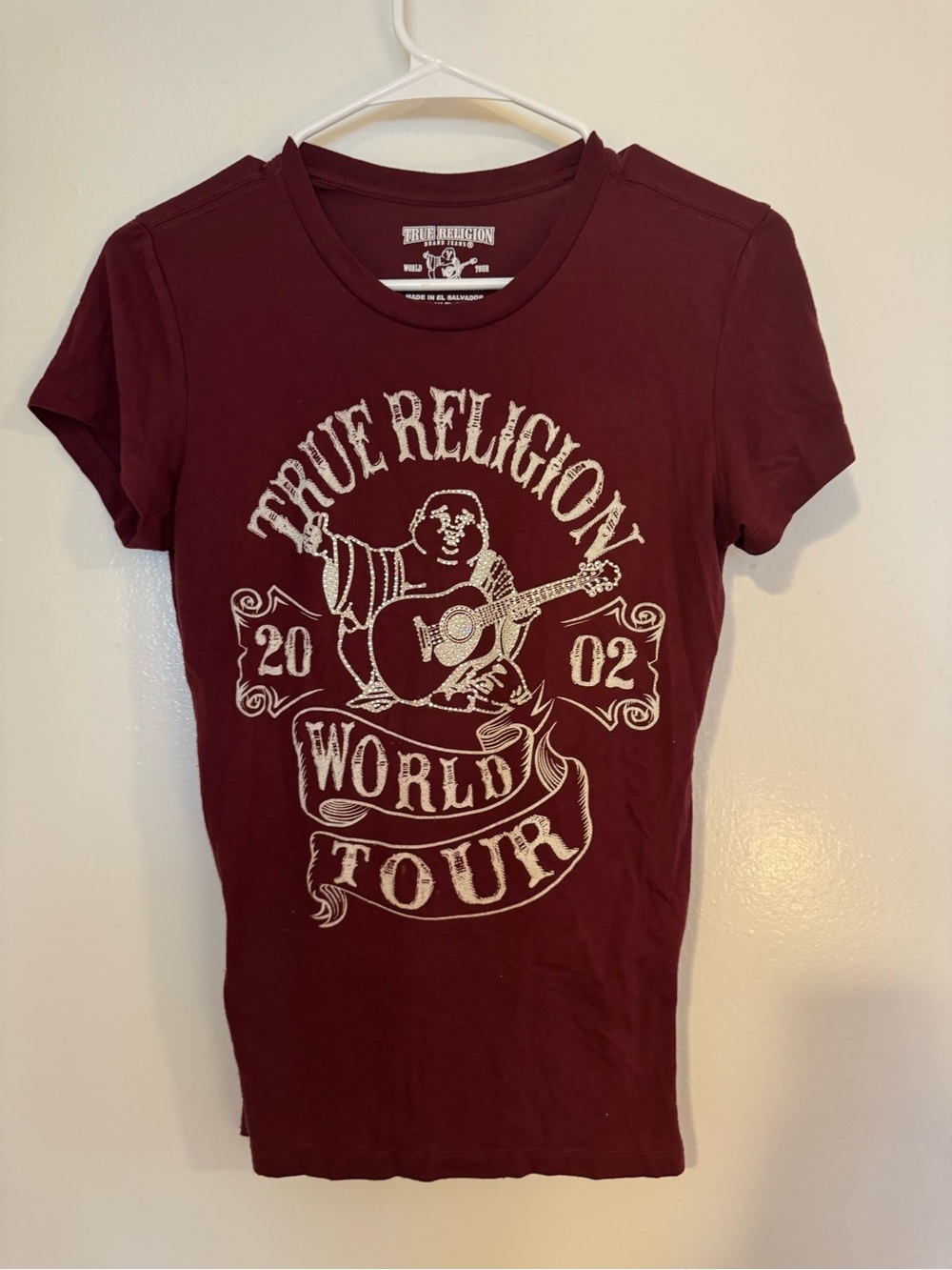 Bedazzled True Religion Women’s Maroon Graphic Tee - World Tour